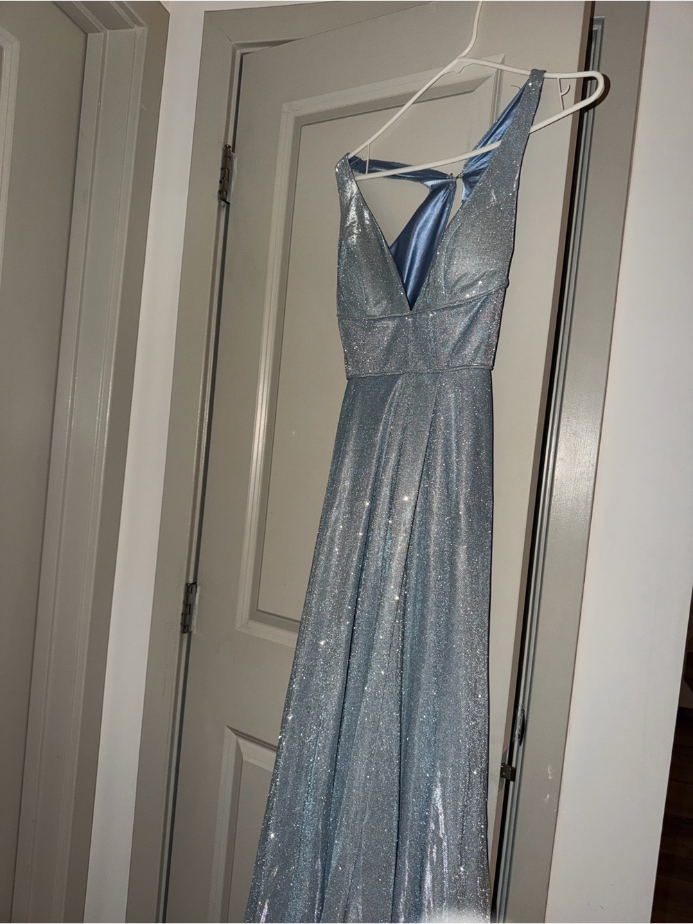 Sparkle Satin A-Line Evening Dress - Light Blue